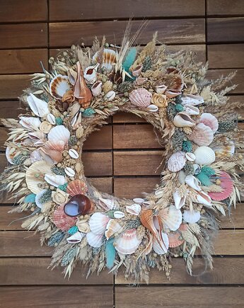 Wianek z muszlami, blue summer wreath, rozmiar 45 cm