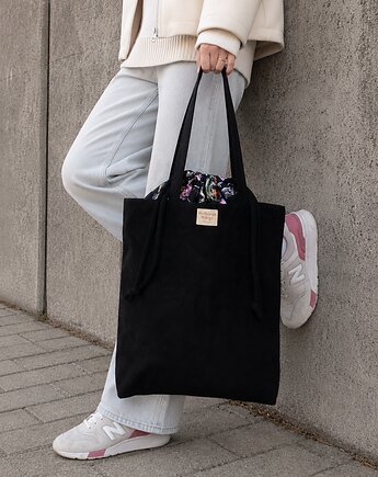 Torba HANA Dark Blooming Garden-duża czarna torba z kominem z nubuku