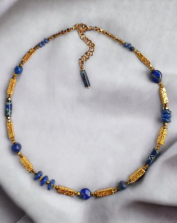 Naszyjnik LAPIS LAZULI i LAWA : granatowo - złoty