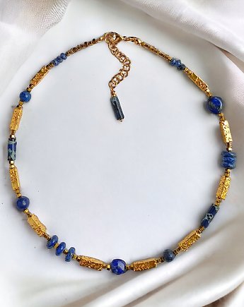 Naszyjnik LAPIS LAZULI i LAWA : granatowo - złoty