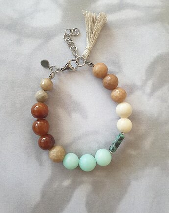 Bransoletka BOHO ART jadeit, turkus, brąz, beż, krem