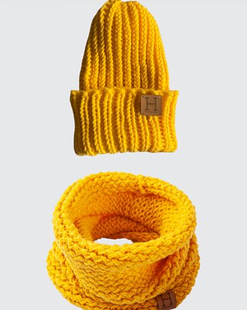 Komin i czapka z wełny merynosa handmade ŻÓŁTY