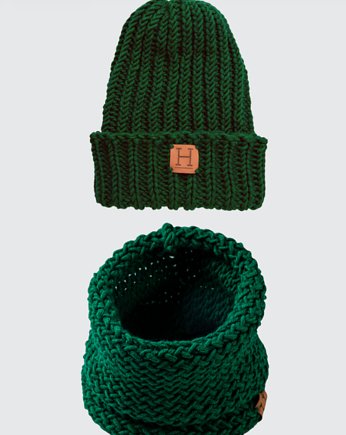 Komin i czapka z wełny merynosa handmade ZIELONY