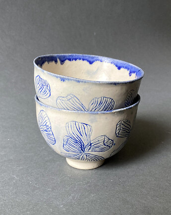 Zestaw Ceramicznych Czarek - Kwiatowy, Kobaltowy Wzór