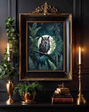 PLAKAT dekoracja leśna dark academia sowa noc