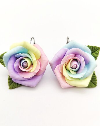 Kolczyki tęczowe róże handmade z gliny polimerowej stal