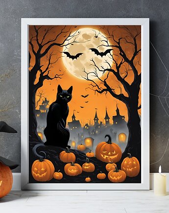 PLAKAT dekoracja Halloween czarny kot dynia księżyc