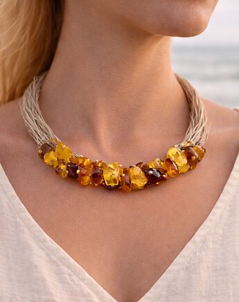 Naszyjnik bursztynowy na lniie boho handmade multikolor