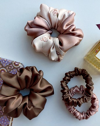 Czekolada i róż - zestaw jedwabnych scrunchie