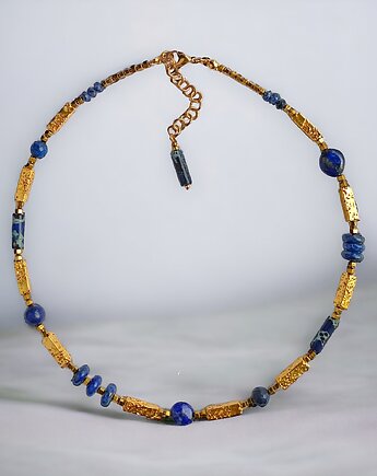 Naszyjnik LAPIS LAZULI i LAWA :granatowo - złoty