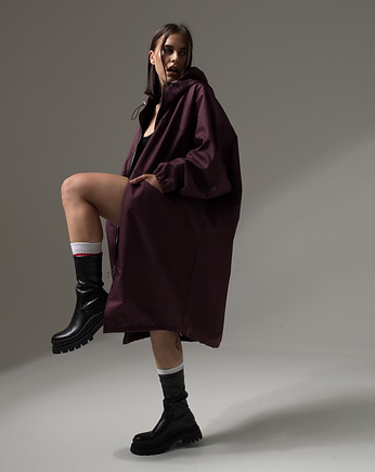 Ocieplany płaszcz longline hoodie oversize burgund