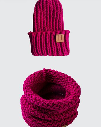 Komin i czapka z wełny merynosa handmade FUKSJA