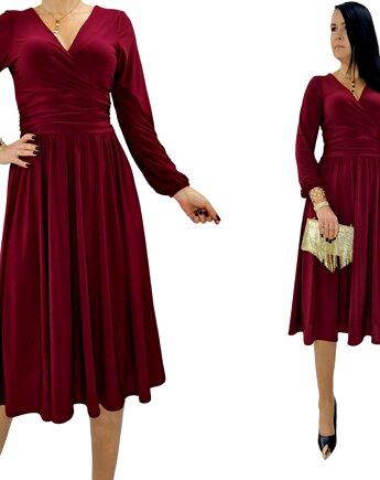 Bordowa elegancka sukienka midi draperia r 36-56