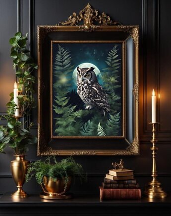 PLAKAT dekoracja leśna dark academia sowa noc