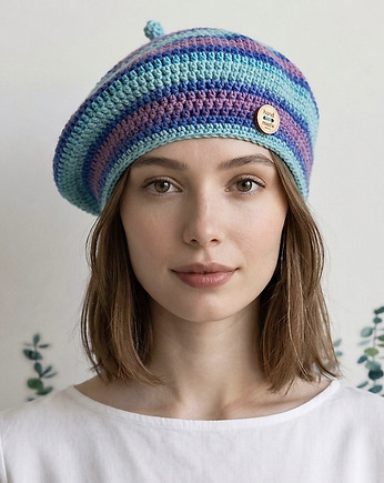 Wiosenny beret damski z antenką ręcznie robiony bawełna one size